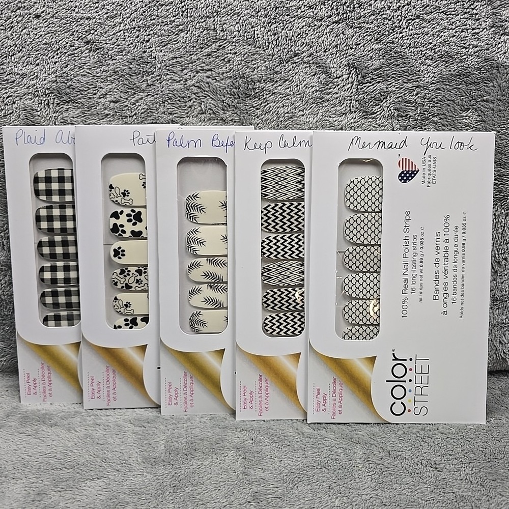 Lot Of 5 Color Street Real Nail Polish Strips White Black Graphic Plaid Paws